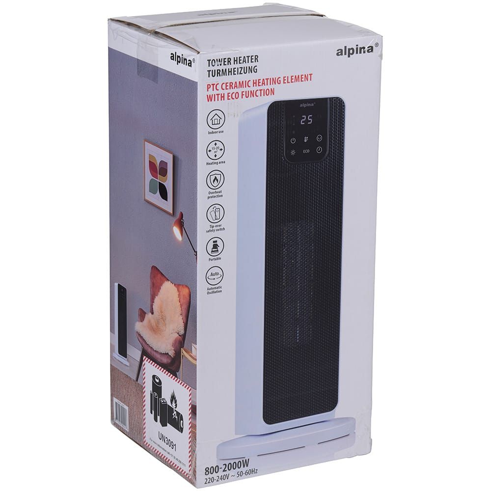 Calefactor de torre 800/2000 w, blanco, 21 x 21 x 46 cm