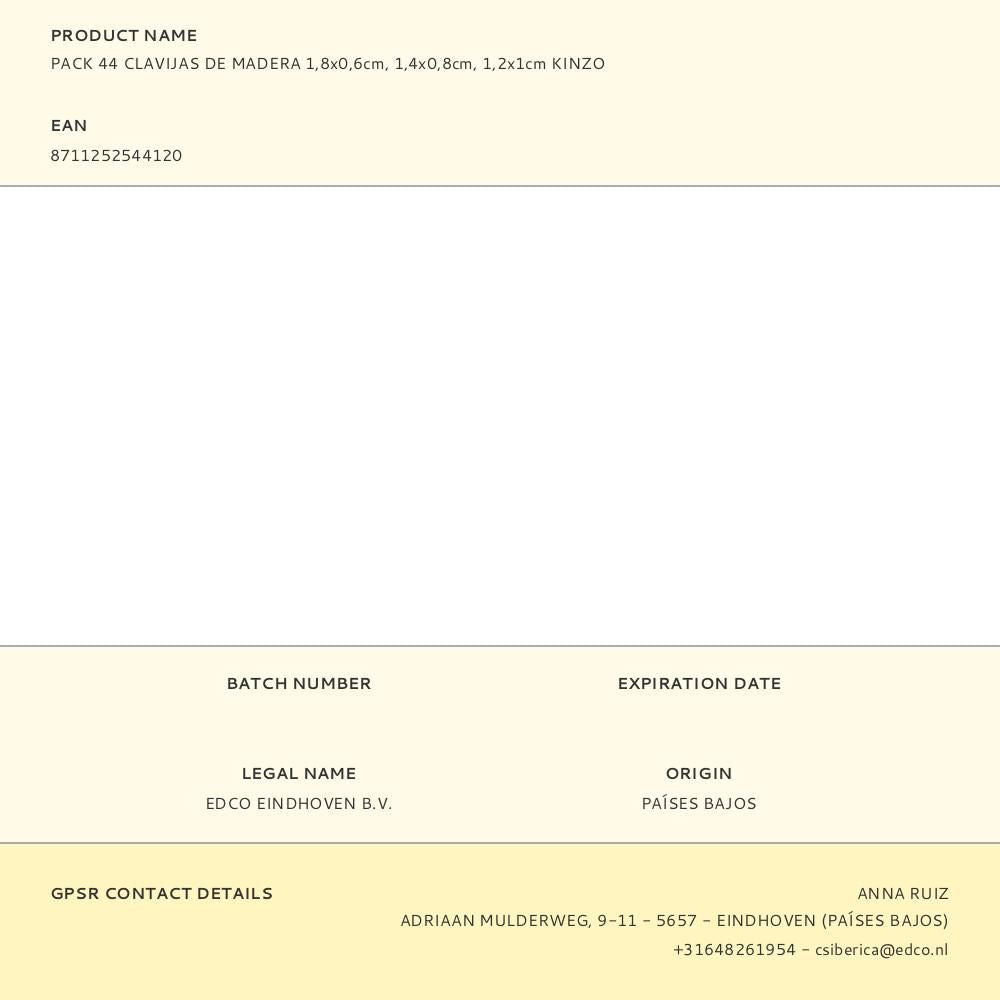 Pack 44 clavijas de madera 1,8x0,6cm, 1,4x0,8cm, 1,2x1cm kinzo