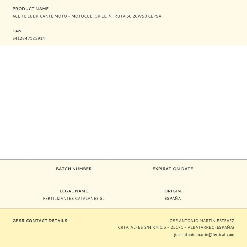 Aceite lubricante moto - motocultor 1l. 4t ruta 66 20w50 cepsa