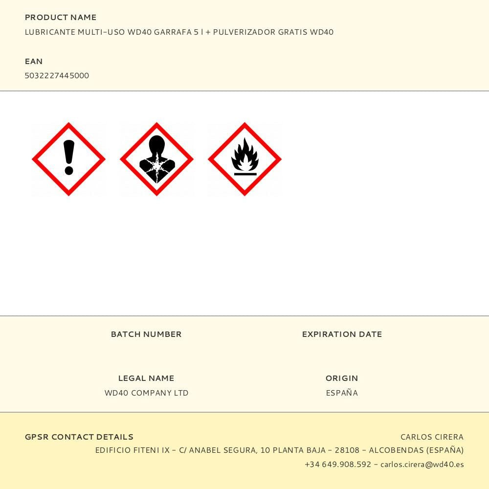 Lubricante multi-uso wd40 garrafa 5 l + pulverizador gratis wd40