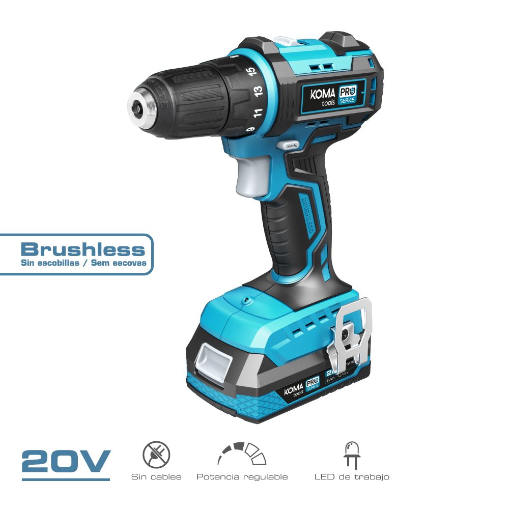 Kit taladro atornillador brushless 20 v con 2 baterías 2,0ah y cargador