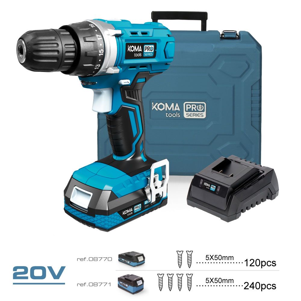 Kit taladro atornillador 20 v con 40 accesorios, batería 2.0ah y cargador