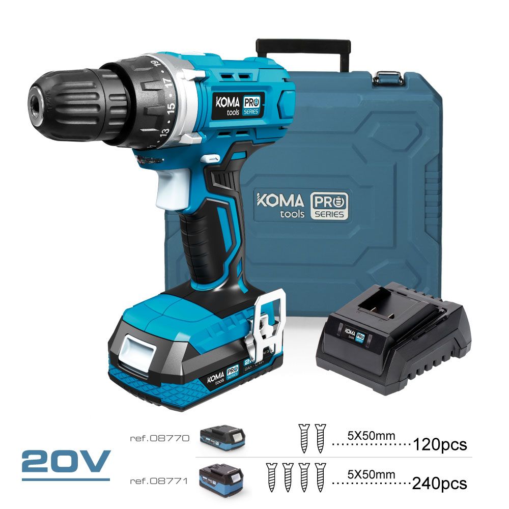 Kit taladro atornillador 20 v con 70 accesorios, batería 2.0ah y cargador