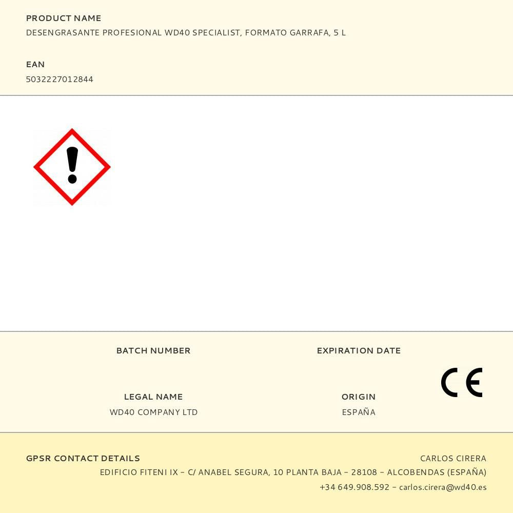 Desengrasante profesional wd40 specialist, formato garrafa, 5 l