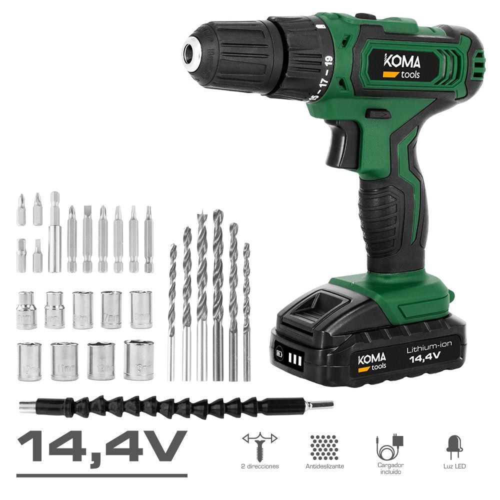 Kit taladro atornillador 14,4 v con 27 accesorios, batería 1500 mah y cargador
