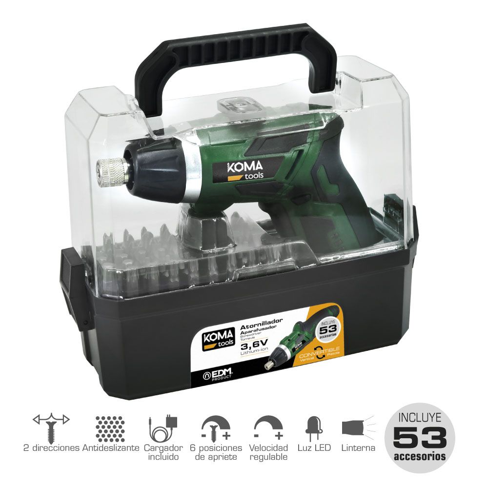 Kit atornillador recargable 3,6 v con 53 accesorios y cargador