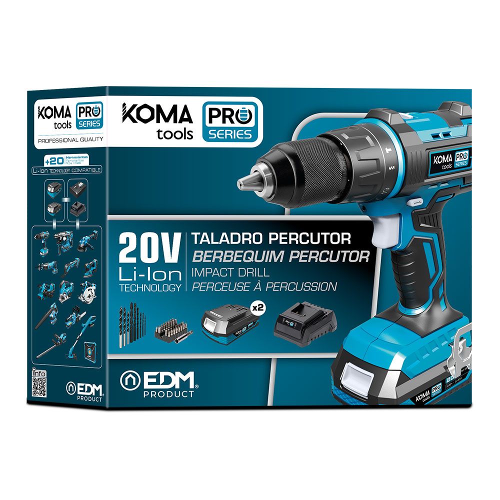 Kit taladro percutor atornillador 20 v pro series con 2 baterias 2.0a y cargador