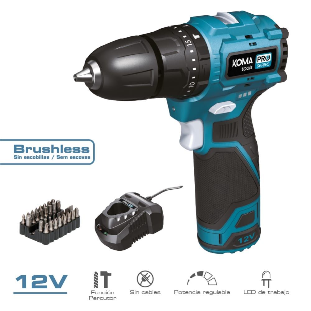 Kit taladro percutor brushless 12 v con accesorios, batería 2.0ah y cargador