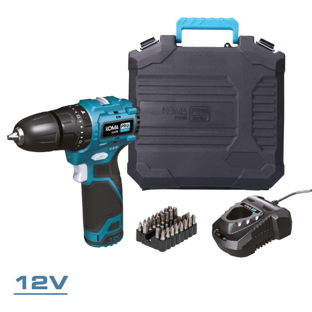 Kit taladro percutor brushless 12 v con accesorios, batería 2.0ah y cargador