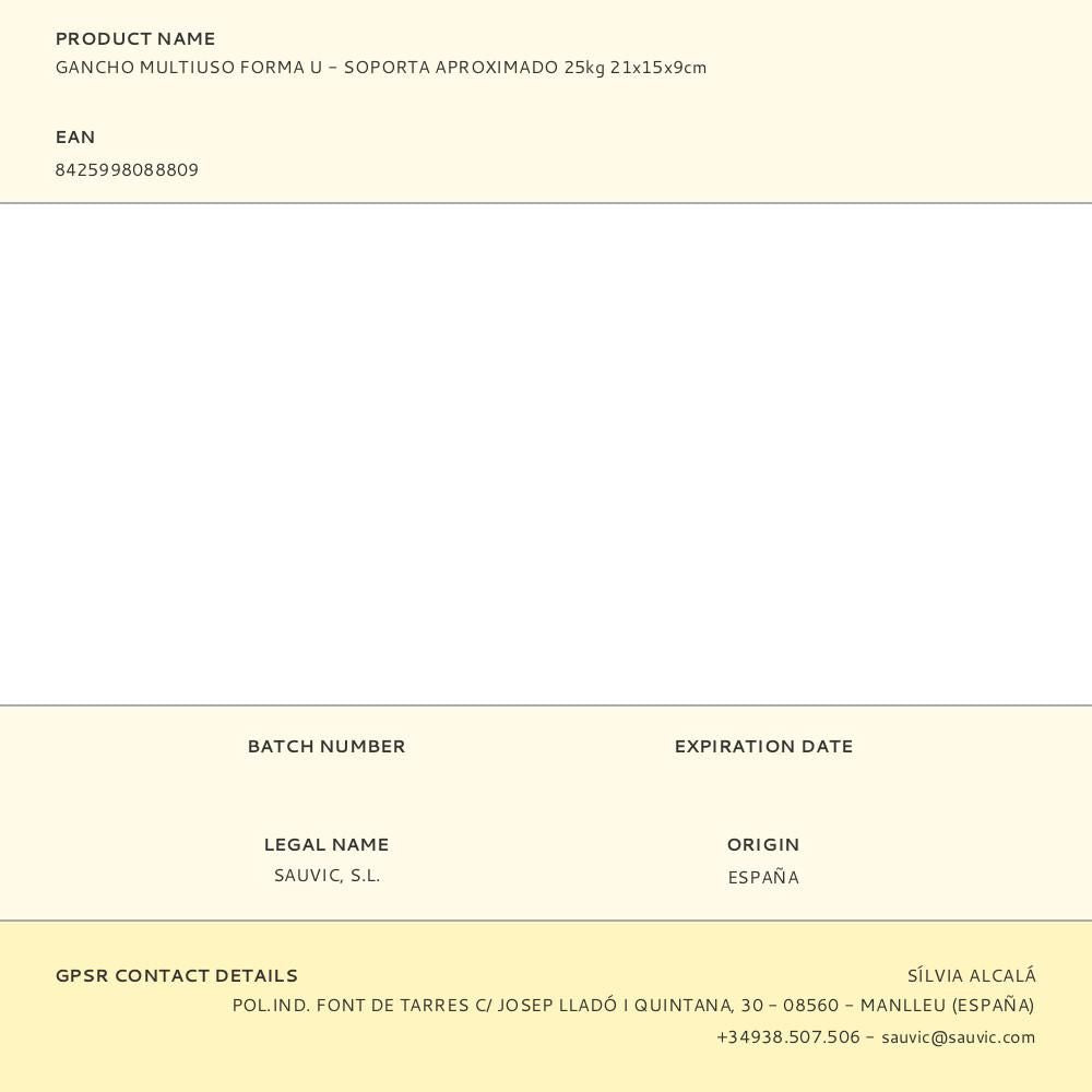 Gancho multiuso forma u - soporta aproximado 25kg 21x15x9cm