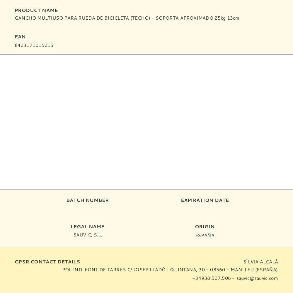 Gancho multiuso para rueda de bicicleta (techo) - soporta aproximado 25kg 13cm