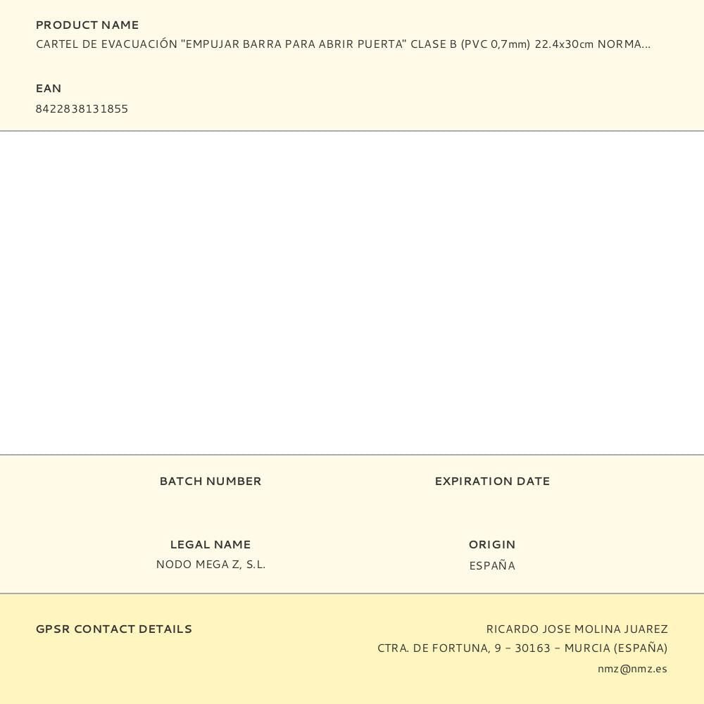 Cartel de evacuación "empujar barra para abrir puerta" clase b (pvc 0,7mm) 22.4x30cm normaluz