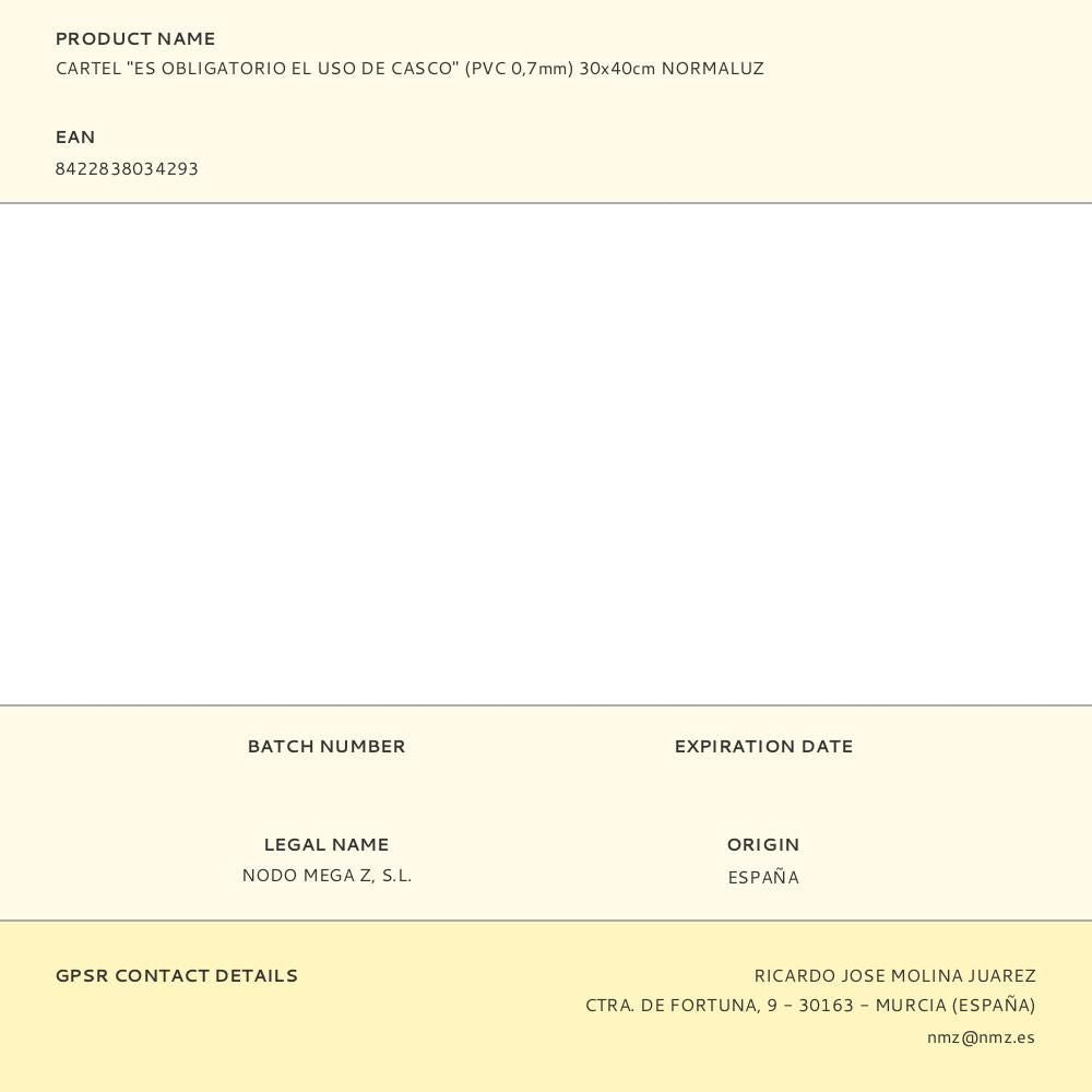 Cartel "es obligatorio el uso de casco" (pvc 0,7mm) 30x40cm normaluz