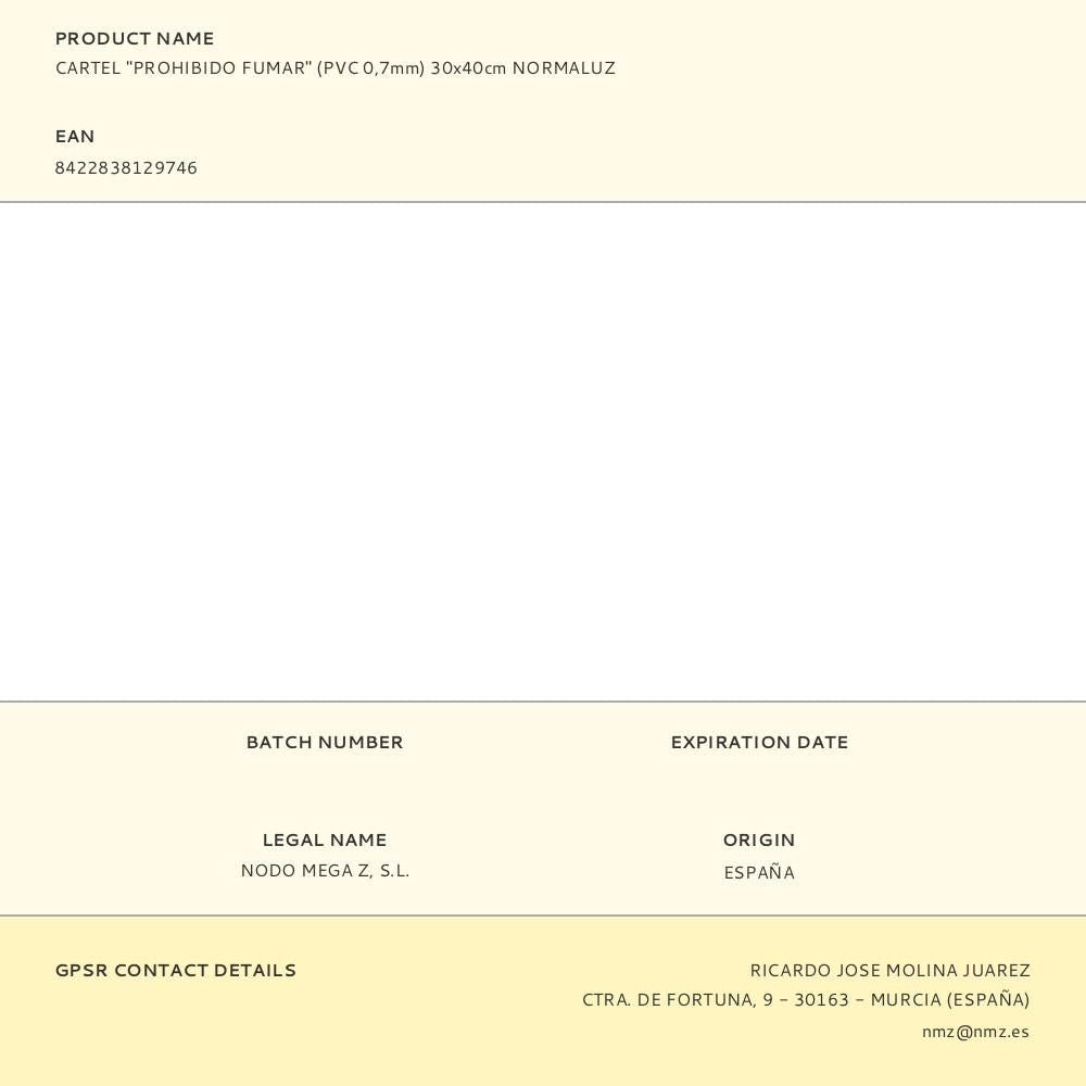 Cartel "prohibido fumar" (pvc 0,7mm) 30x40cm normaluz