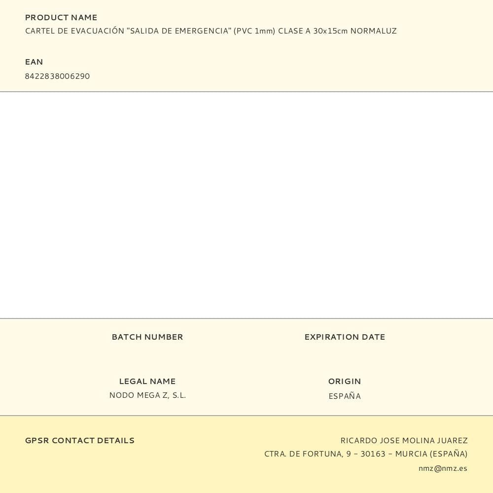 Señal de evacuación salida de emergencia, pvc 1mm, clase a, 320x160mm