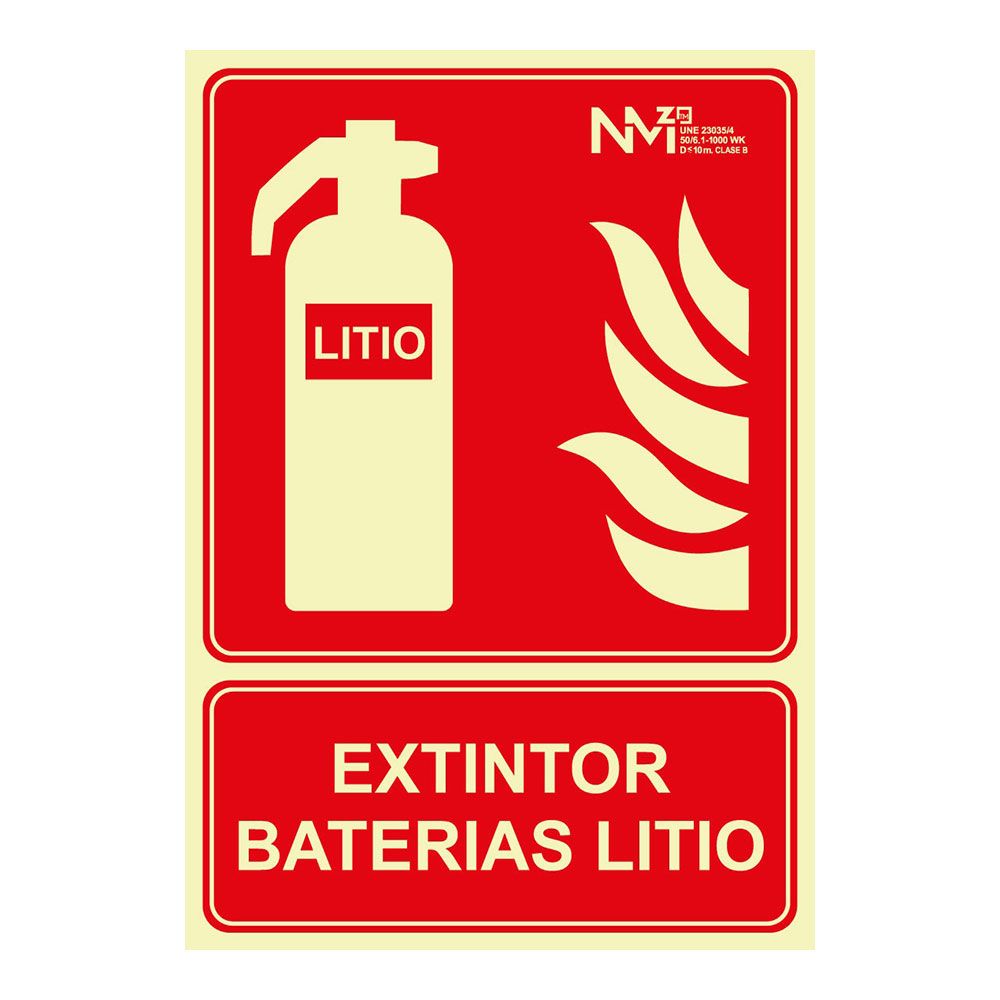 Cartel de extinción "extintor" de baterias de litio clase a (1 mm) 210 x 300 mm