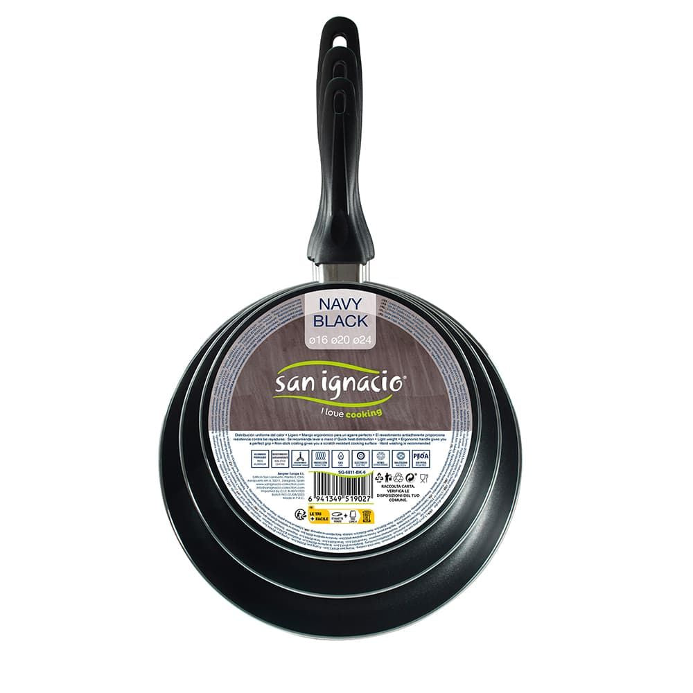 Set 3 sartenes aluminio prensado apto para inducción navy black ø16 / ø20 / ø24 cm