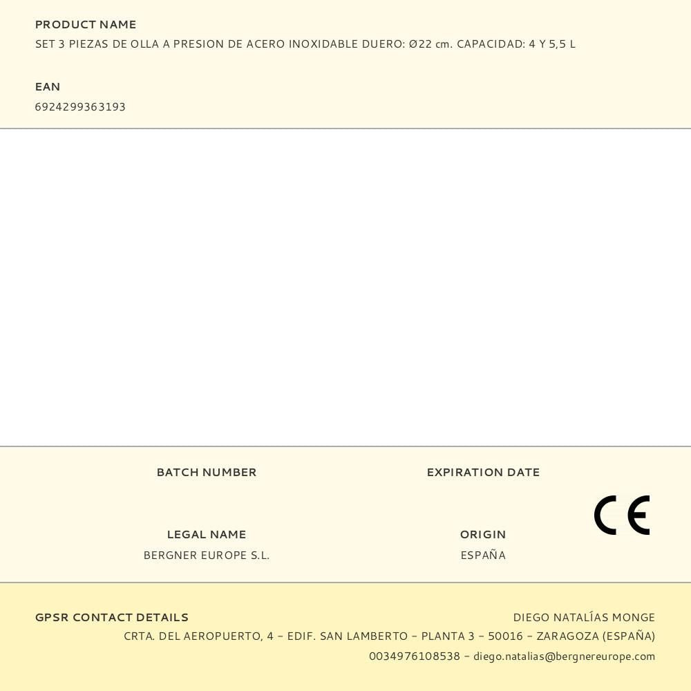 Olla a presión de acero inoxidable duero, 2 uds, ø22 cm, capacidad: 4 y 5,5 l