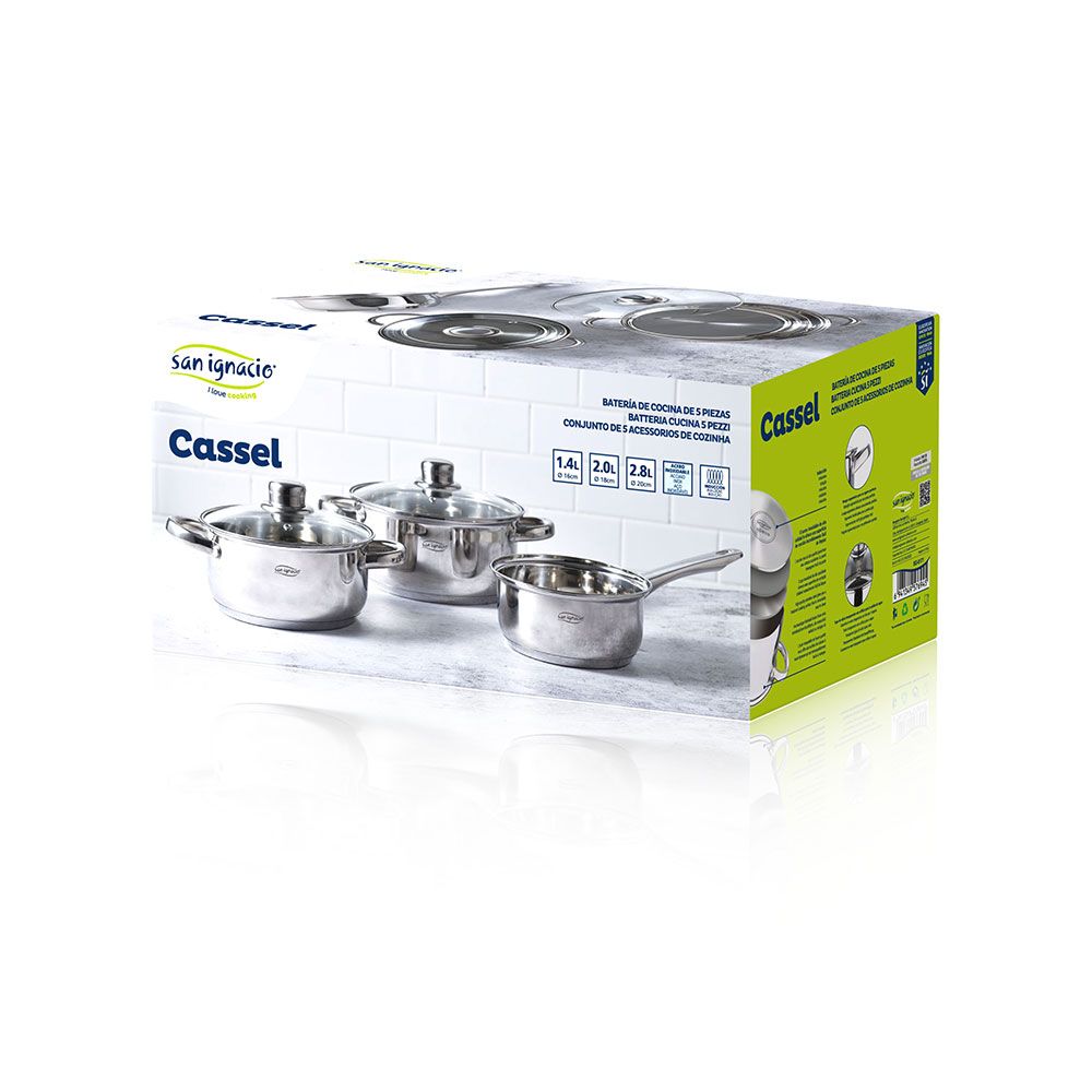 Bateria 5 piezas de acero inoxidable ind cassel: cazo ø16 cm / cacerola con tapa ø18 cm / cacerola con tapa ø20 cm