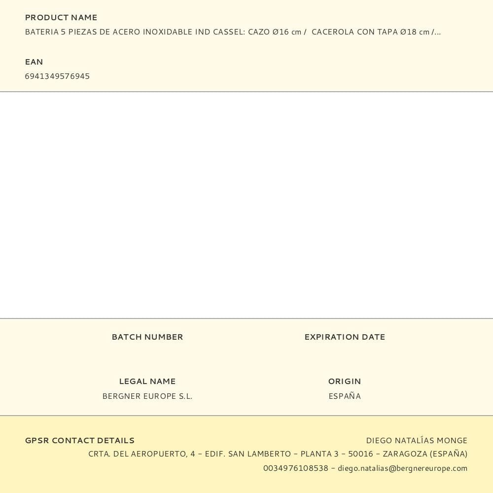 Bateria 5 piezas de acero inoxidable ind cassel: cazo ø16 cm / cacerola con tapa ø18 cm / cacerola con tapa ø20 cm