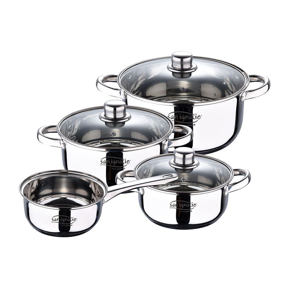 Bateria 7 piezas de acero inox ind cassel: cazo ø16 cm / cacerola con tapa ø18 cm / cacerola con tapa ø20 cm / cacerola con tapa ø24 cm