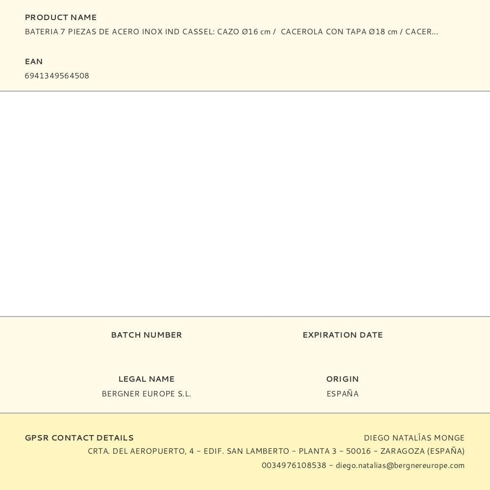 Bateria 7 piezas de acero inox ind cassel: cazo ø16 cm / cacerola con tapa ø18 cm / cacerola con tapa ø20 cm / cacerola con tapa ø24 cm