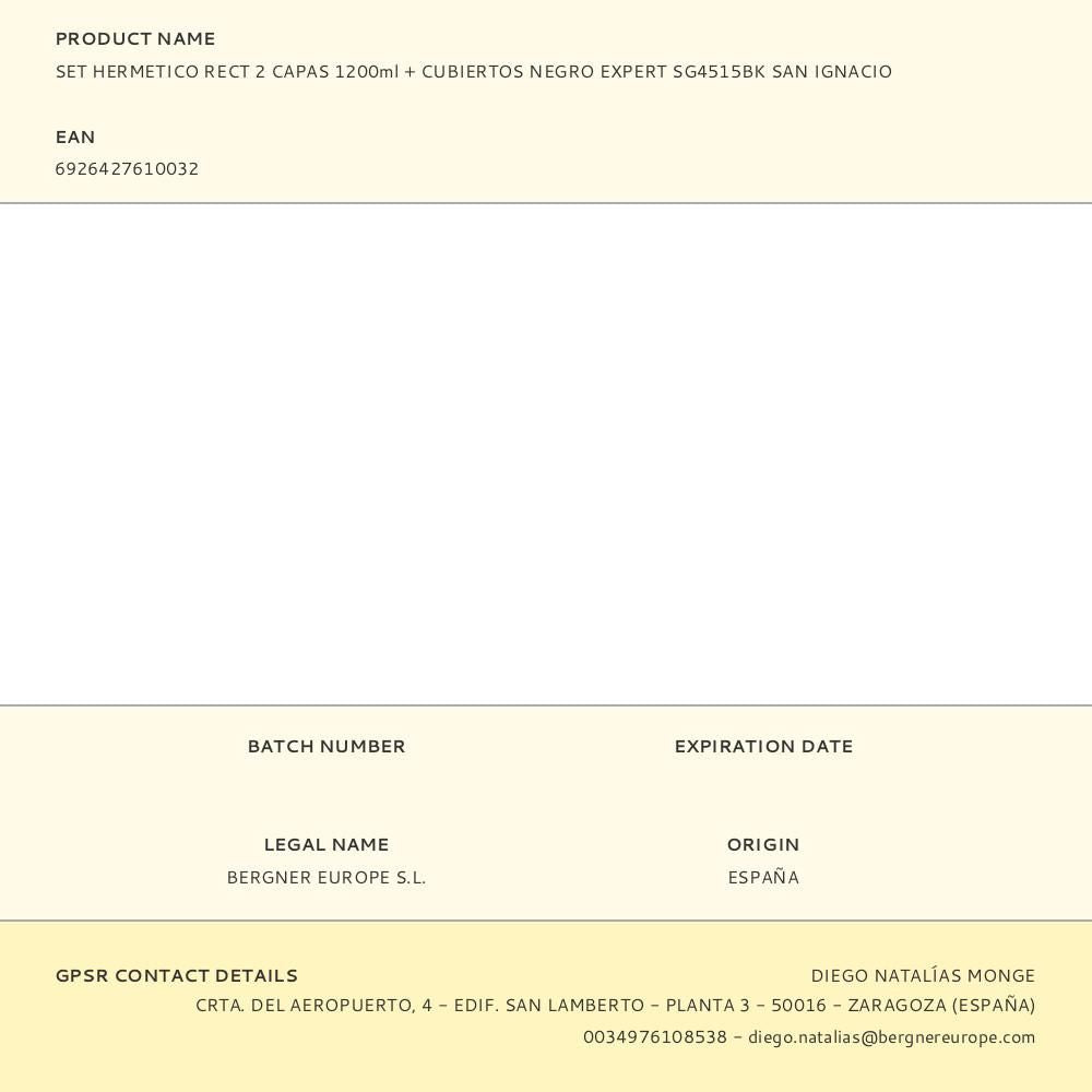 Set hermético negro expert 2 capas 1200 ml + cubiertos