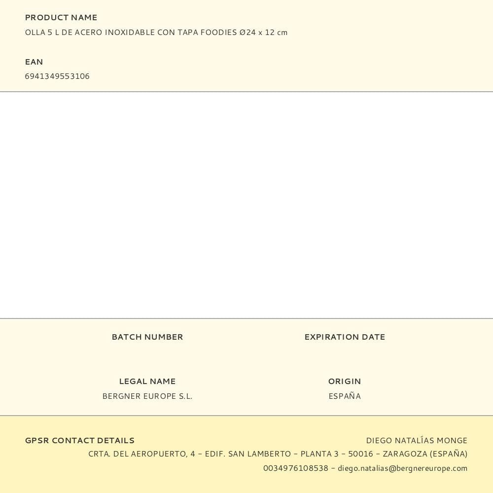 Olla 5 l de acero inoxidable con tapa foodies ø24 x 12 cm