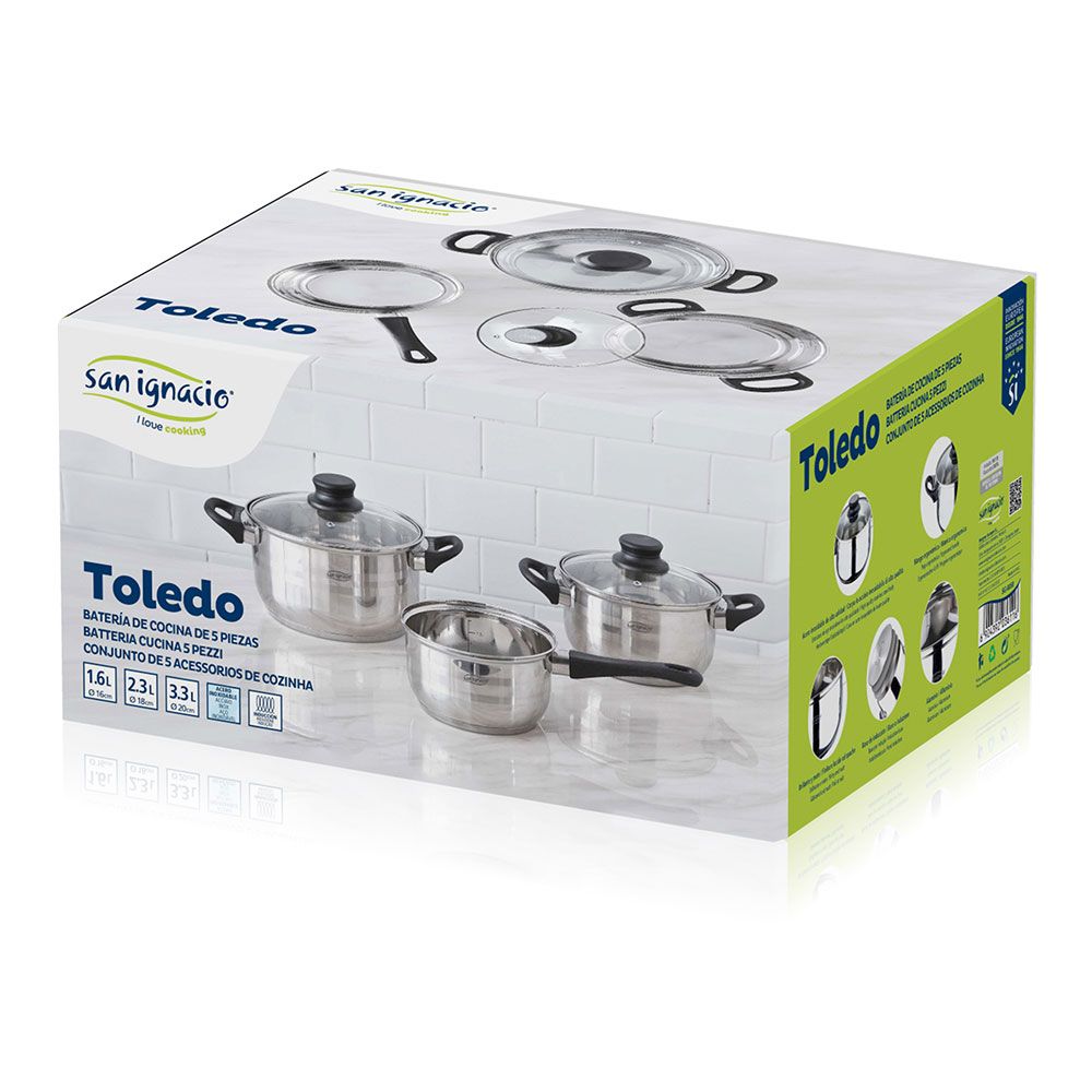 Bateria 5 piezas de acero inoxidable ind toledo: cazo ø16 cm / cacerola con tapa ø18 cm / cacerola con tapa ø20 cm