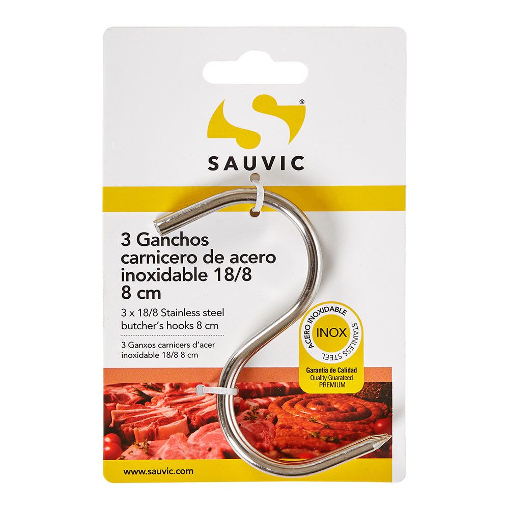Ganchos carnicero inoxidable 18/8, 8 cm de longitud, blíster 3 unidades