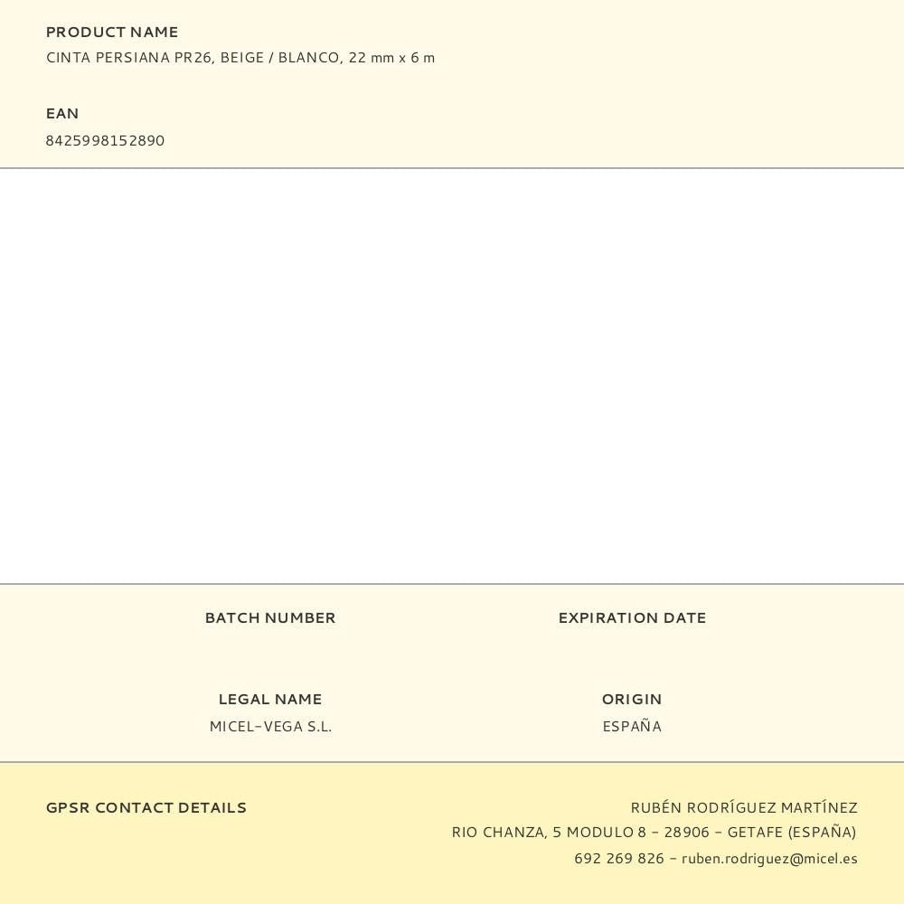 Cinta persiana pr26, beige / blanco, 22 mm x 6 m