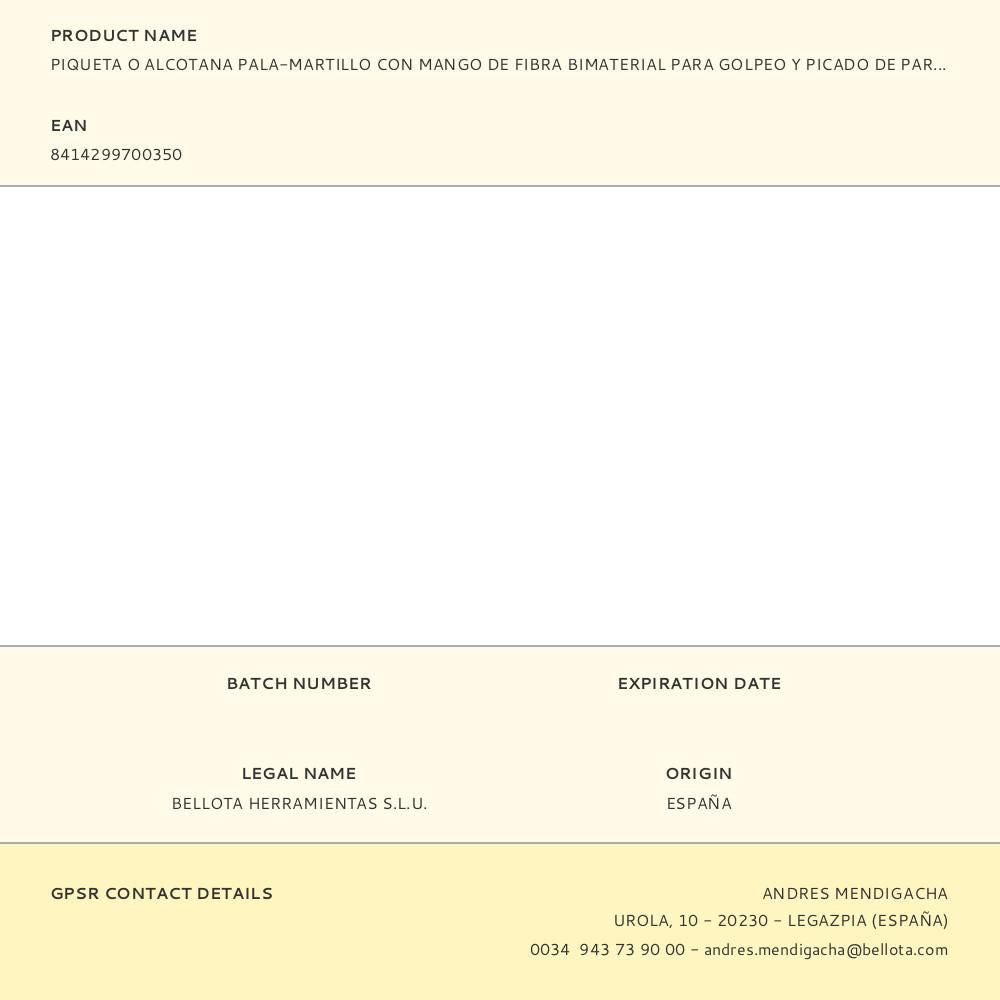 Piqueta o alcotana pala-martillo con mango de fibra bimaterial para golpeo y picado de paredes. medidas: 203x330x47,5mm viat931 viat