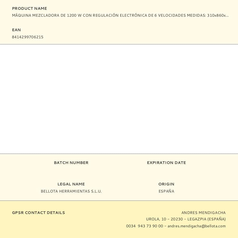 Máquina mezcladora de 1200 w con regulación electrónica de 6 velocidades medidas: 310x860x200mm viatm1200w viat