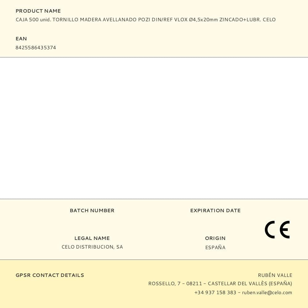 Caja 500 unid. tornillo madera avellanado pozi din/ref vlox ø4,5x20mm zincado+lubr. celo