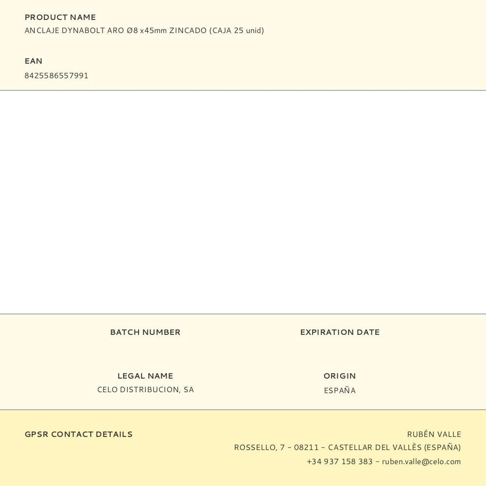 Anclaje dynabolt aro zincado ø8 x 45 mm, caja 25 uds