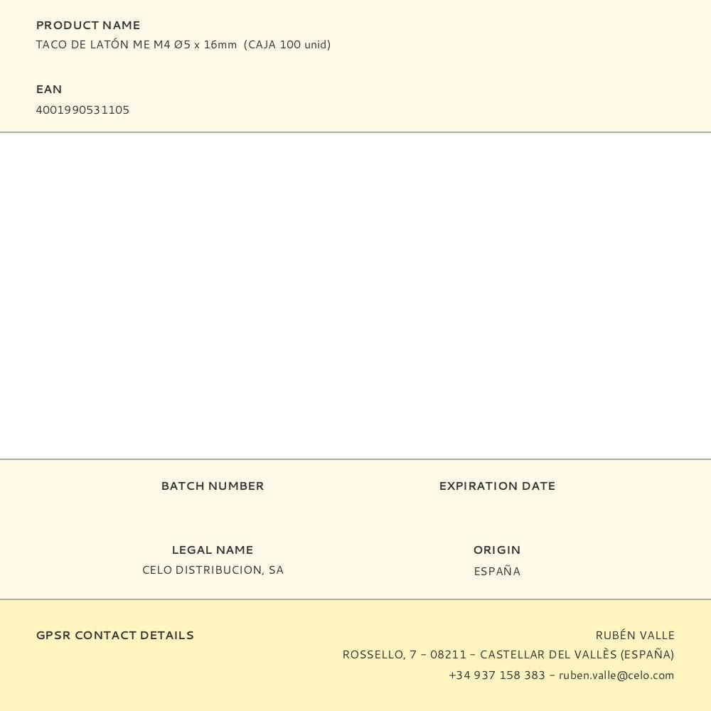 Taco de latón me m4 ø5 x 16 mm, caja 100 uds