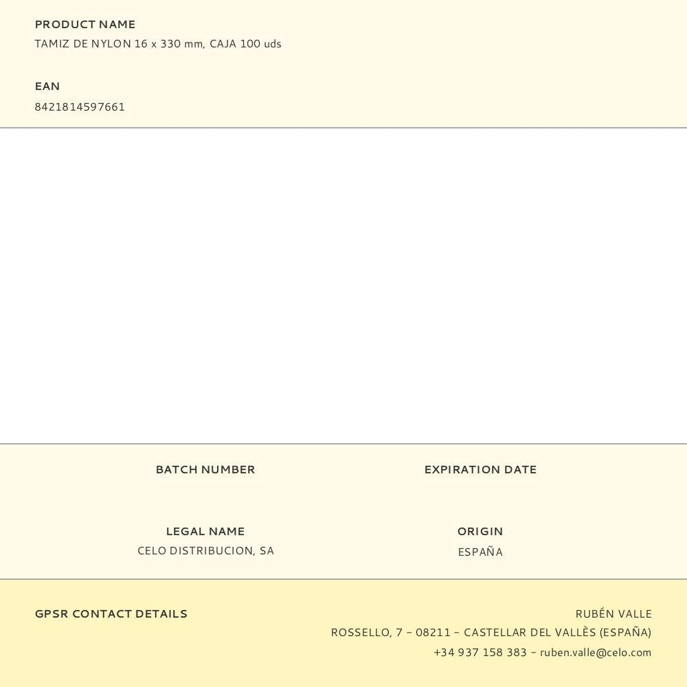 Tamiz de nylon 16 x 330 mm, caja 100 uds