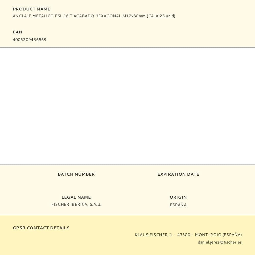 Anclaje metálico fsl 16 t acabado hexagonal m12 x 80 mm, caja 25 uds
