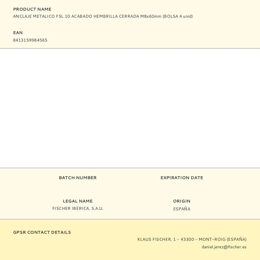 Anclaje metálico fsl 10 acabado hembrilla cerrada m8 x 60 mm, bolsa 4 uds