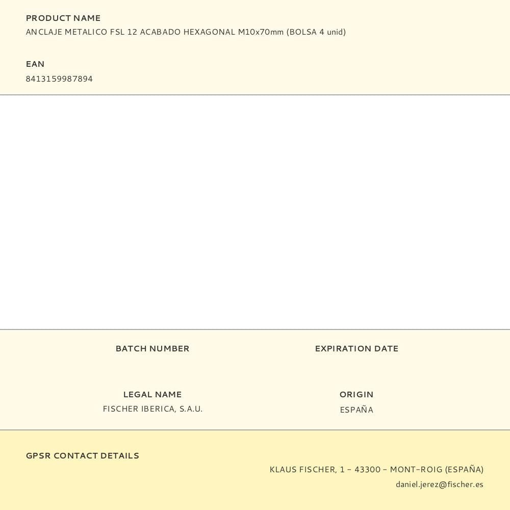 Anclaje metálico fsl 12 acabado hexagonal m10 x 70 mm, bolsa 4 uds