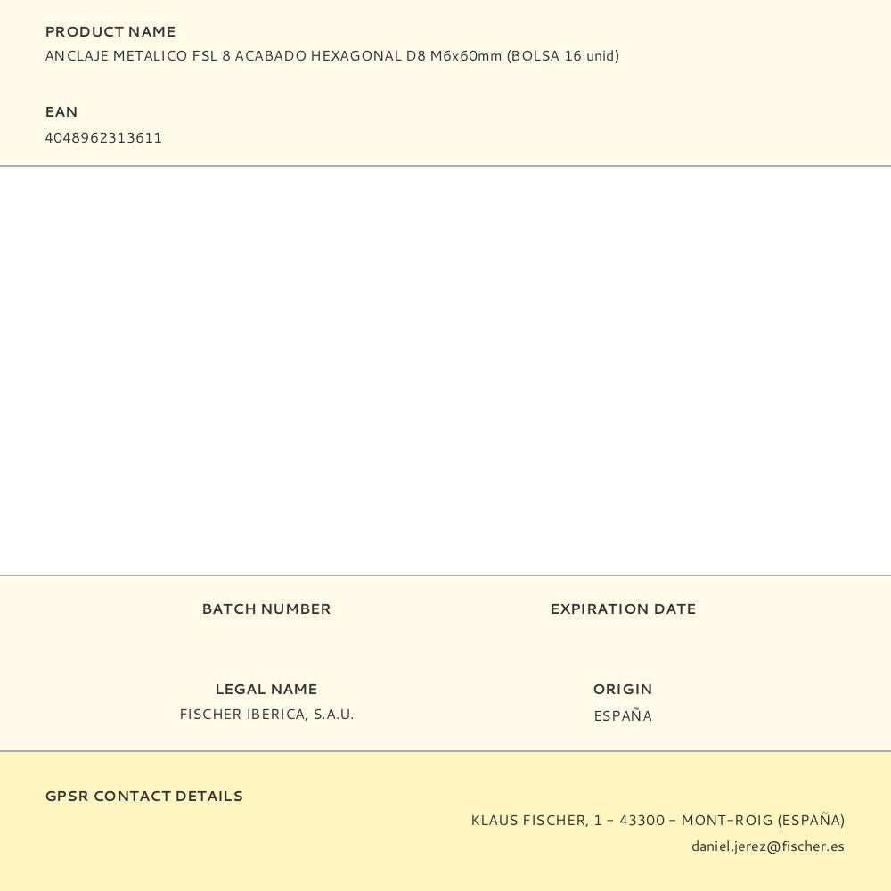 Anclaje metálico fsl 8 acabado hexagonal d8 m6 x 60 mm, bolsa 16 uds