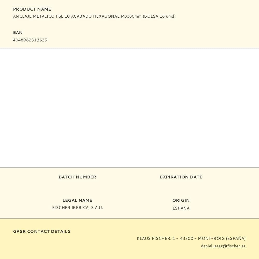 Anclaje metalico fsl 10 acabado hexagonal m8 x 80 mm, bolsa 16 uds