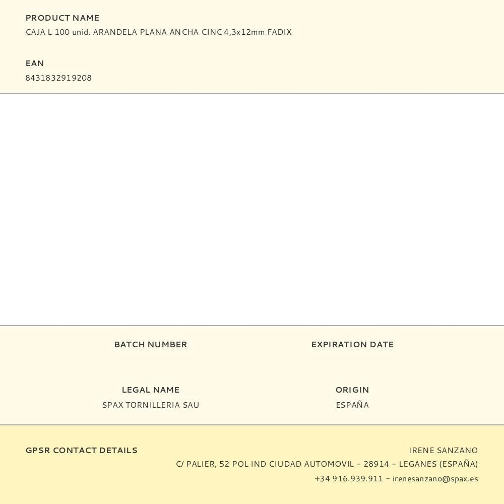 Caja l 100 unid. arandela plana ancha cinc 4,3x12mm fadix