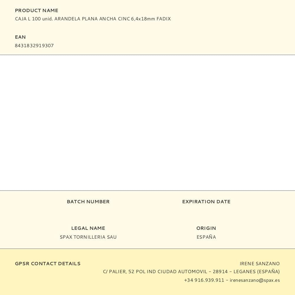 Caja l 100 unid. arandela plana ancha cinc 6,4x18mm fadix