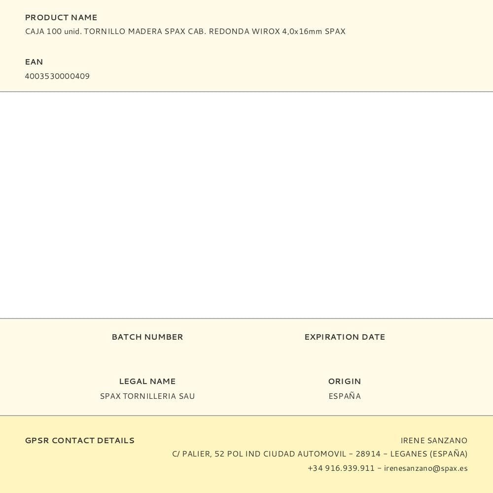 Caja 100 unid. tornillo madera spax cab. redonda wirox 4,0x16mm spax