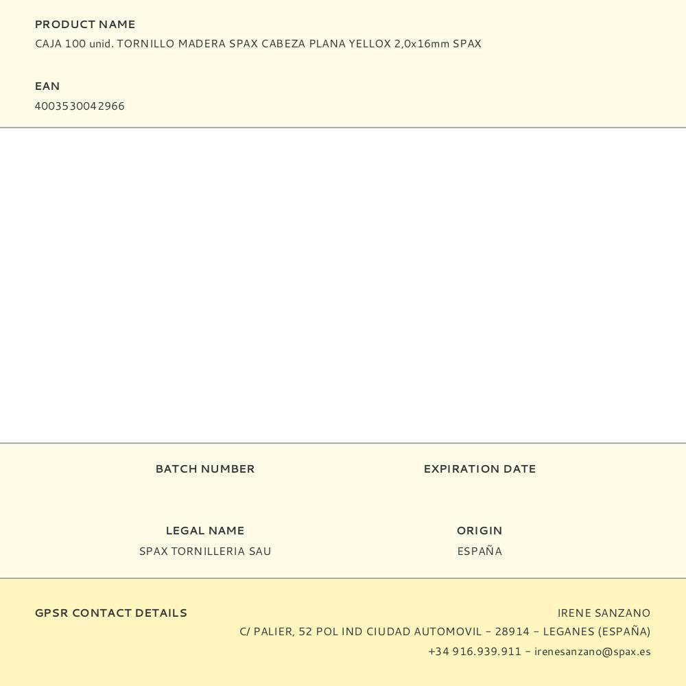 Caja 100 unid. tornillo madera spax cabeza plana yellox 2,0x16mm spax