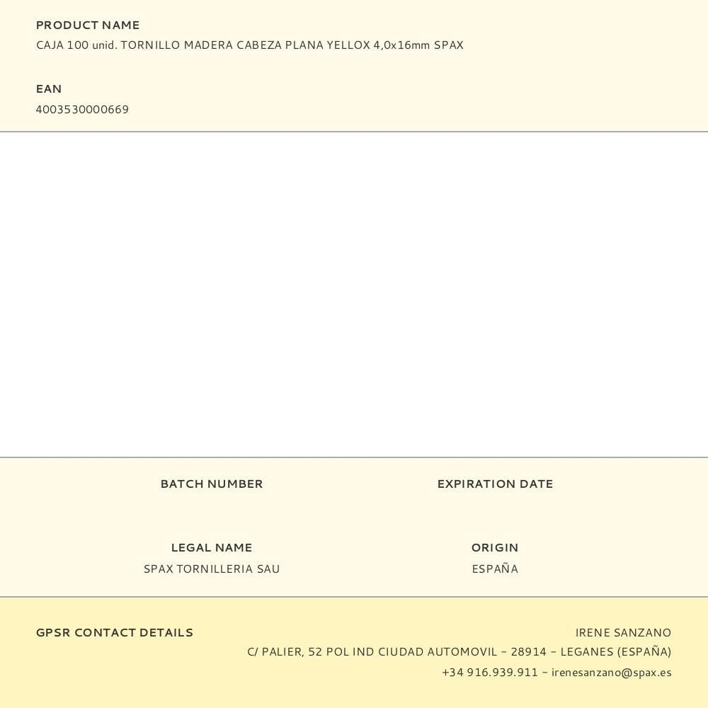 Caja 100 unid. tornillo madera cabeza plana yellox 4,0x16mm spax