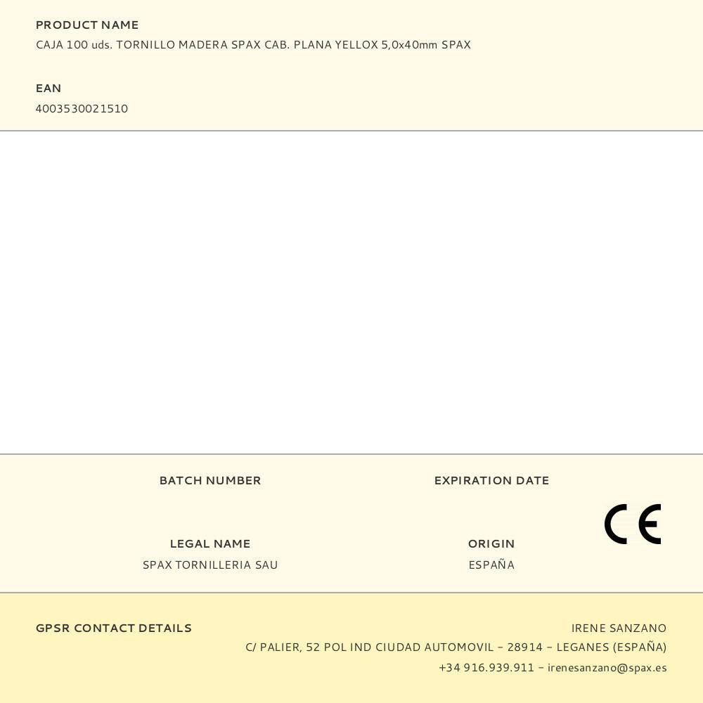 Caja 100 uds. tornillo madera spax cab. plana yellox 5,0x40mm spax