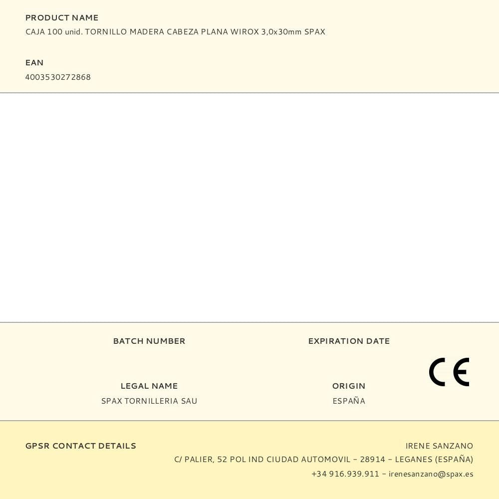 Caja 100 unid. tornillo madera cabeza plana wirox 3,0x30mm spax