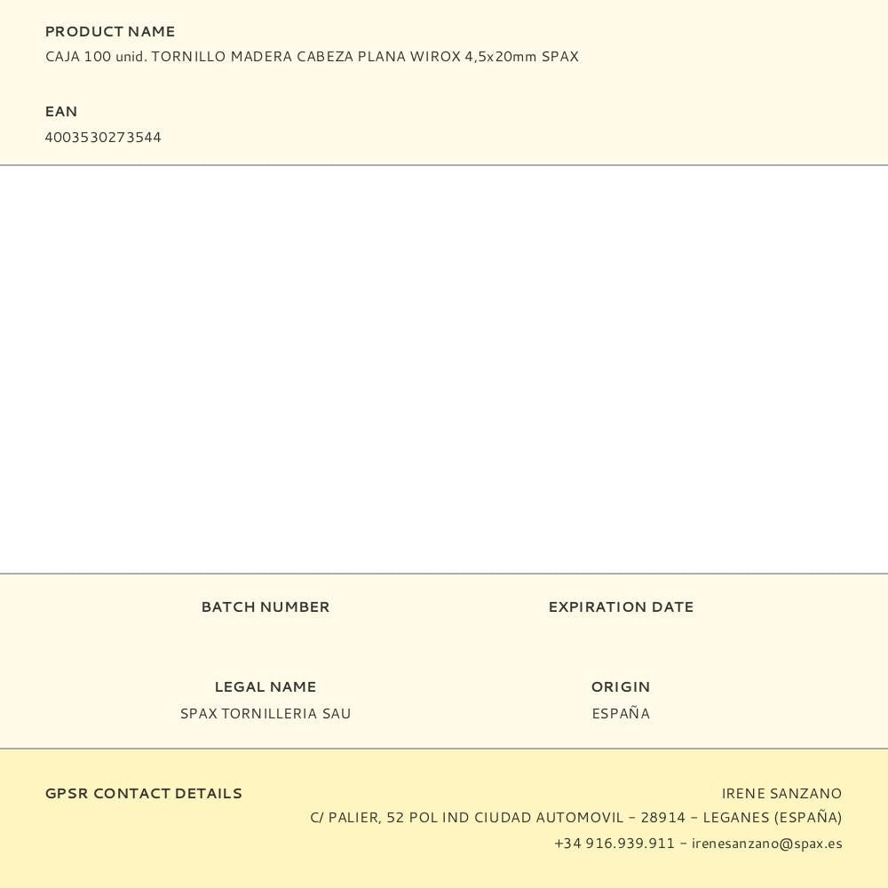 Caja 100 unid. tornillo madera cabeza plana wirox 4,5x20mm spax